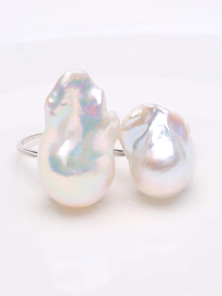 White Colorful Baroque Pearl Open Ring