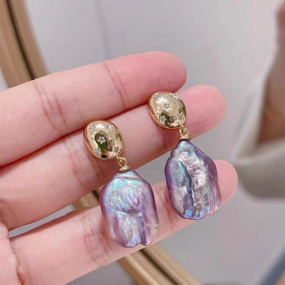 Purple Square Baroque Pearl Earrings