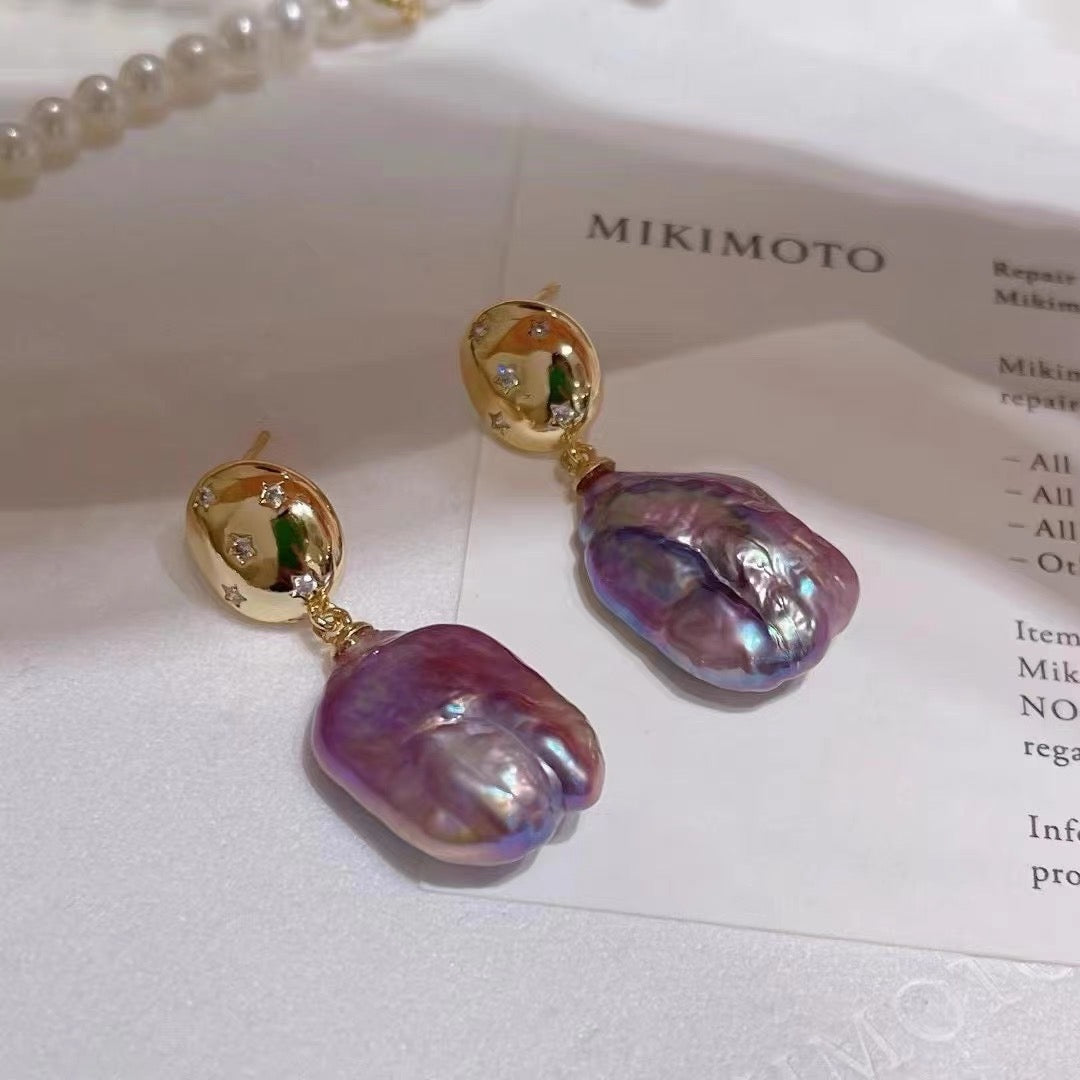 Purple Square Baroque Pearl Earrings